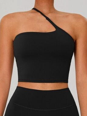 One-Shoulder Black Crop Top with Asymmetric Strap